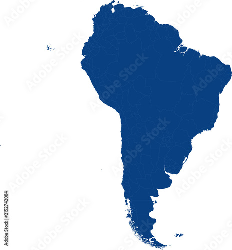 Map of south america with internal administrative divisions, blue silhouette isolated on transparent background