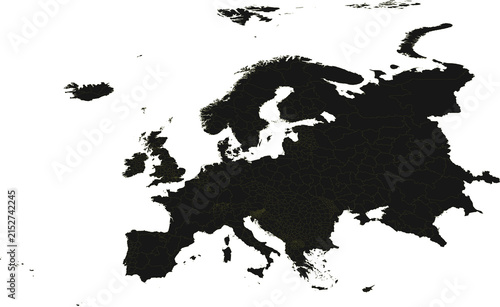 Detailed political map of europe showing countries and internal divisions, black and yellow on transparent background