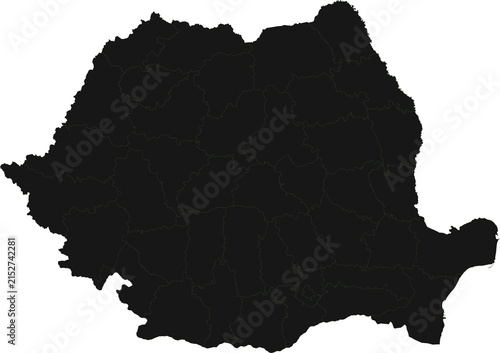 Map of romania with county administrative borders, black silhouette isolated on transparent background
