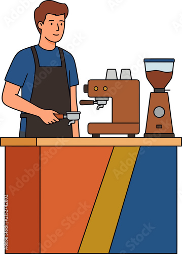 Male Barista Making Coffee at Counter Vector for Adobe Stock