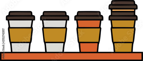 Row of Four Takeaway Coffee Cups Flat Vector for Adobe Stock