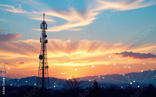 Sunset behind a communication tower with digital network connection overlay and mountain landscape.