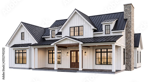 Classic white farmhouse with black roof isolated on png transparent background