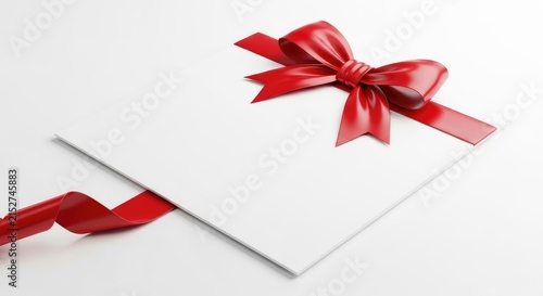 A square white gift card or envelope decorated with a bright red satin ribbon bow isolated on a clean white background, for celebrations