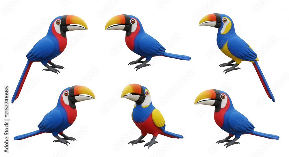 Fototapeta premium cartoon toucans standing various poses white background studio shot potential educational resource or illustration