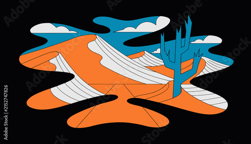 Abstract desert landscape with cactus and sand dunes, stylistic illustration
