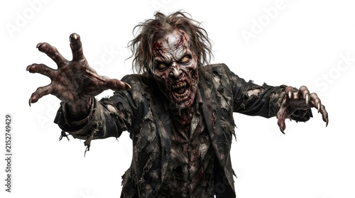 A terrifying undead zombie reaching out with clawed hands isolated against a plain white background for horror projects