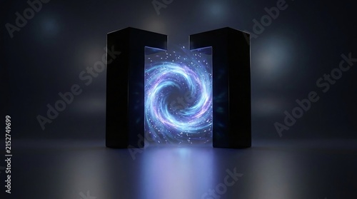 Glowing portal gateway of light between two dark structures digital transformation concept