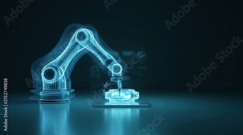Glowing robotic industrial arm automation and smart manufacturing concept
