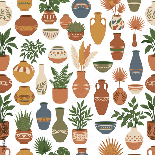 Seamless Pattern of Decorative Ceramic Vases and Potted Houseplants. EPS Editable. Vector Illustrations.