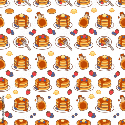 Seamless Pattern of Delicious Pancakes with Maple Syrup and Fresh Berries. EPS Editable. Vector Illustrations.