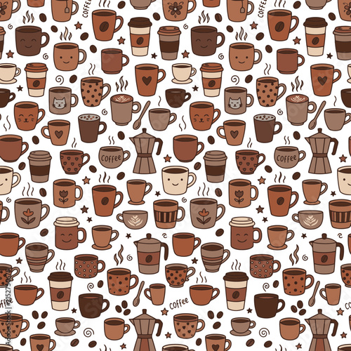Seamless Pattern of Cute Coffee Cups and Mugs Illustration. EPS Editable. Vector Illustrations.