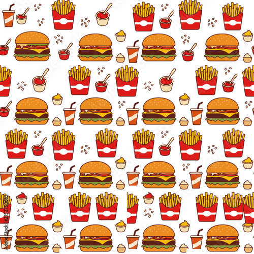 Seamless Pattern of Hand Drawn Fast Food Burgers and Fries. EPS Editable. Vector Illustrations.