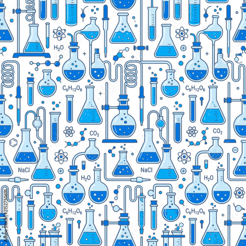 Seamless Pattern of Laboratory Glassware and Scientific Equipment for Chemistry Research. EPS Editable. Vector Illustrations.