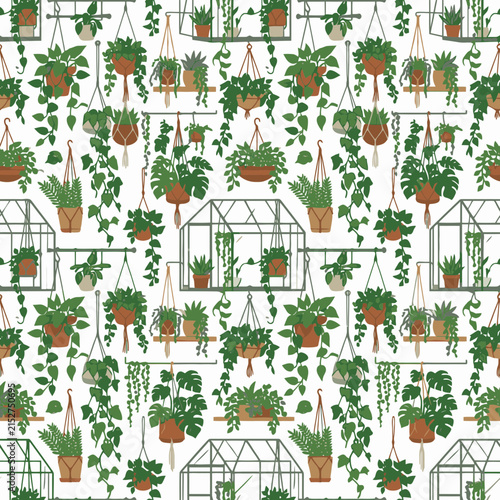 Seamless Pattern of Indoor Plants and Greenhouses in Botanical Style. EPS Editable. Vector Illustrations.