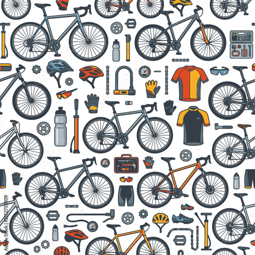 Seamless pattern with bicycles and cycling gear equipment vector illustration. EPS Editable. Vector Illustrations.