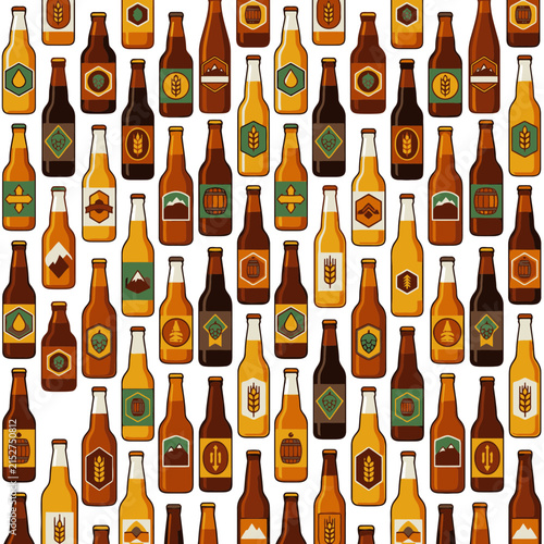 Seamless Pattern With Beer Bottles Beverage Alcohol Pub Background. EPS Editable. Vector Illustrations.