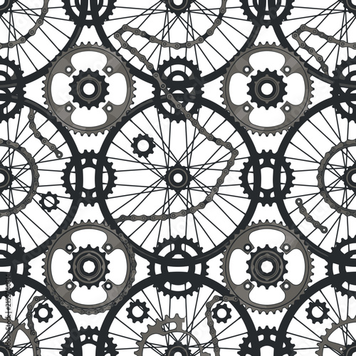 Seamless pattern with bicycle parts gears and wheels. EPS Editable. Vector Illustrations.