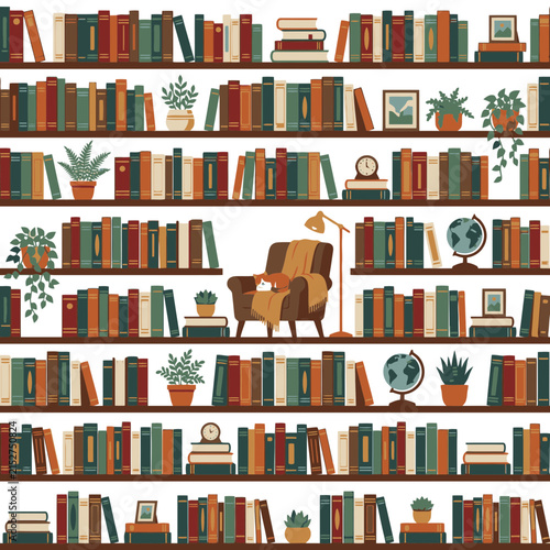 Seamless Pattern With Bookshelves And Cozy Armchair. EPS Editable. Vector Illustrations.