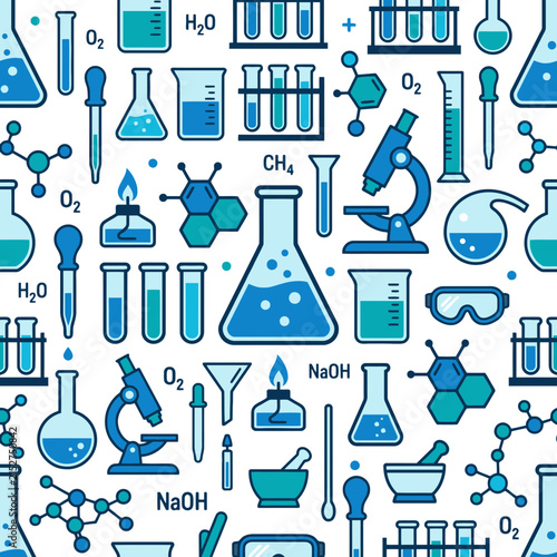 Seamless Pattern With Chemistry And Science Laboratory Equipment And Elements. EPS Editable. Vector Illustrations.