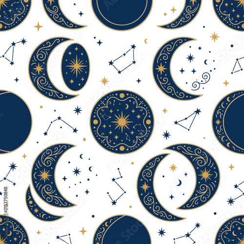 Seamless pattern with celestial moon phases and stars in dark blue and gold. EPS Editable. Vector Illustrations.
