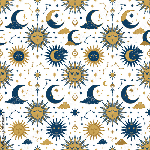 Seamless Pattern with Celestial Sun Moon and Stars. EPS Editable. Vector Illustrations.