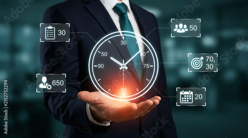 Businessman holding virtual clock showing time management strategy concept