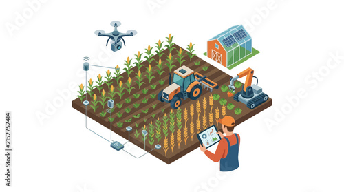 Precision Farming Illustration with Drone, Tractor, Robot and Farmer Using Digital Tablet