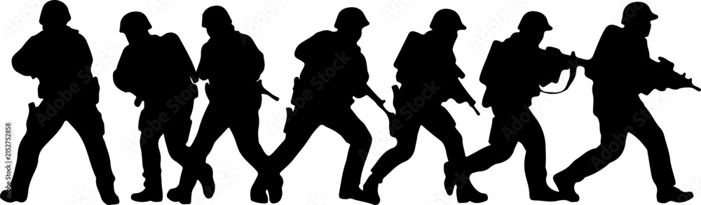 Obraz premium Silhouette set of soldiers in tactical gear and combat poses, black military infantry figures with rifles on white background, vector illustration