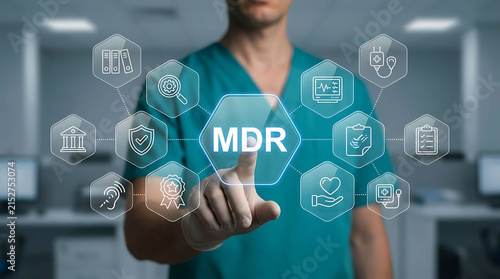 Medical doctor touching MDR medical device regulation icon on screen