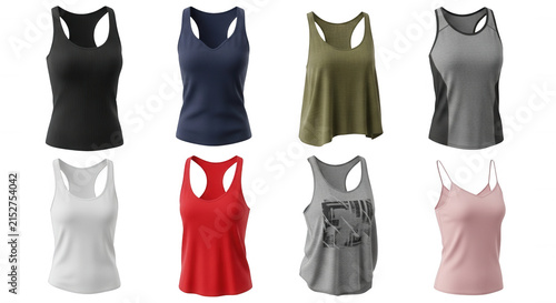 assortment of eight athletic tank tops for workout or casual wear various colors isolated white background product shots
