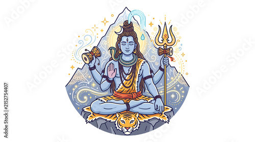 фотографія Meditating Deity with Trident and Drum, Mountain Backdrop