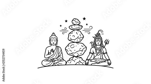 Canvas Print Zen spiritual figures meditating, stacked stones balancing