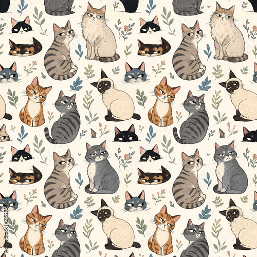 Suspicious Cats and Botanical Leaves Seamless Pattern