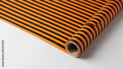 Halloween wrapping paper with orange and black stripes rolls across white background for seasonal gift packaging and festive party decoration in bright commercial studio setting.