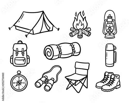 Collection of hand drawn camping and hiking equipment icons.