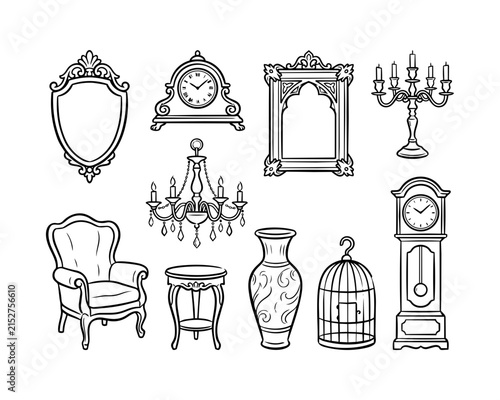 Set of hand drawn vintage furniture and home decor items.
