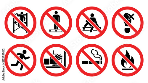 Clear universal prohibition signs with various forbidden actions depicted, representing essential industrial safety regulations for construction site notices, factory guidelines, and public area