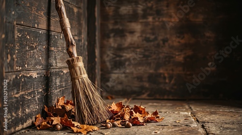 Wooden straw broom leaning against dark rustic wall with autumn fallen leaves and acorns on aged floor for halloween decor.