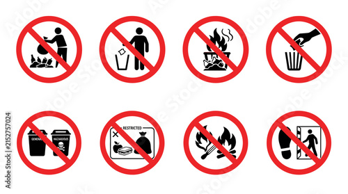 Universal prohibition signs of various forbidden actions, illustrating public safety and environmental protection for safety manuals, public service announcements, and informational signage.