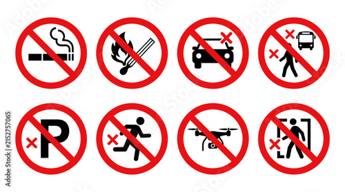 Prohibitory Signs Collection with Red Circle and Diagonal Line, Representing Restrictions and Safety Rules, Concept for Warning Labels, Public Service Announcements and Safety Guidelines