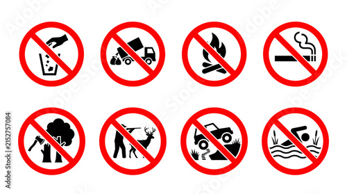 Essential universal prohibition signs on a clean white background, illustrating forbidden activities for safety and regulation, suitable for public parks, industrial zones, and environmental
