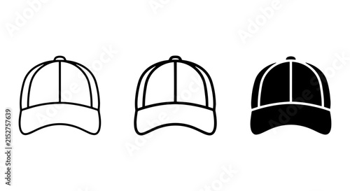 Baseball Cap Icons, Simple Headwear Vector Graphics, Casual Hat Symbols, Outline and Solid Fill Styles