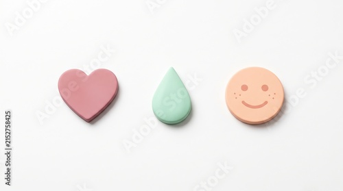 Three 3D pastel icons heart drop and smiley face