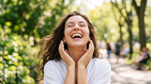 Joyful young woman laughing out loud in the park