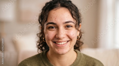 Smiling young woman with acne face looking at camera