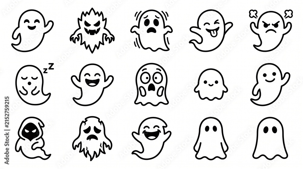 Fototapeta premium Cute ghost icons set, 15 cartoon ghost characters with different emotions, Halloween spooky line art collection for stickers and decor