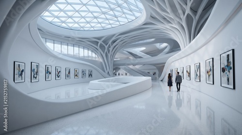 Futuristic modern art gallery interior with skylight roof.