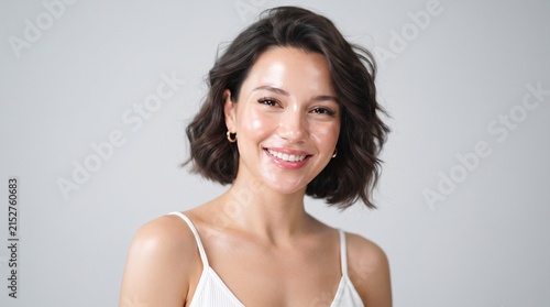 smiling young woman with short dark wavy hair and clear glowing skin