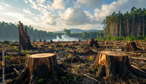 Devastating deforestation landscape with tree stumps, smoke in the background, and environmental damage